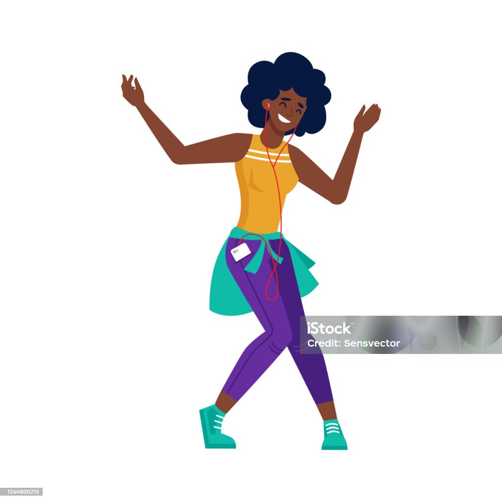 Black Girl Listen Music And Dance African American Young Woman In Earphones  And Mobile Phone Vector Flat Cartoon Isolated Afro American Black Girl  Listening To Music On Smartphone In Headphones Stock Illustration -