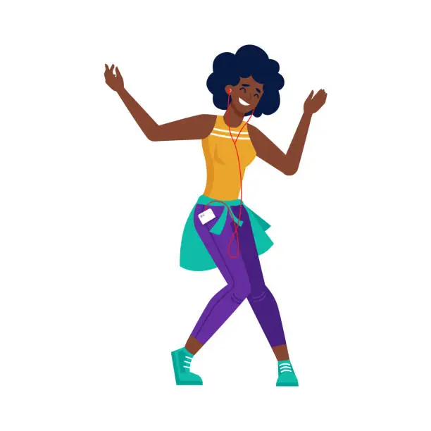 Vector illustration of Black girl listen music and dance, African American young woman in earphones and mobile phone, vector flat cartoon isolated. Afro American black girl listening to music on smartphone in headphones