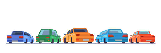 samochody stojące z tyłu, pojazdy z kreskówek z tyłu na parkingu, wektorowe ikony izolowane. samochody z kreskówek lub samochody na parkingu zwróconym w tło z tyłu - drive blue outdoors rear view stock illustrations