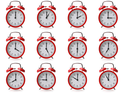 Compilation of alarm clocks with different time settings from one hour to twelve concept