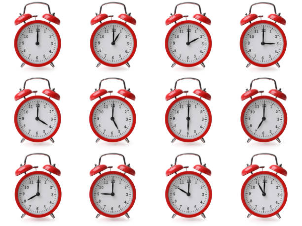 compilation of alarm clocks with different time settings from one hour to twelve - minute hand number 10 clock hand number 11 imagens e fotografias de stock