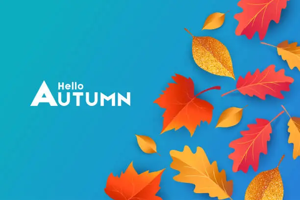 Vector illustration of Autumn seasonal background with border frame with falling autumn golden, red and orange colored leaves on blue background, place for text