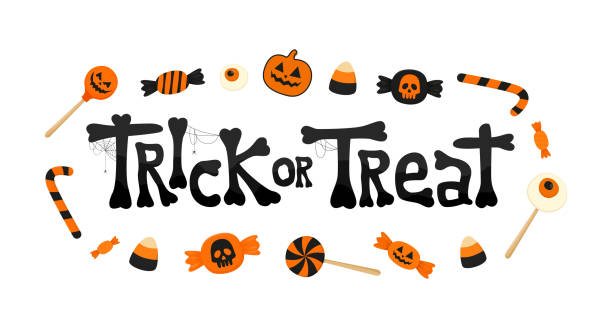 Trick or Treat text decorated with traditional sweets. Trick or Treat text decorated with traditional sweets. Vector Illustration isolated on white background for Halloween day. candy corn stock illustrations