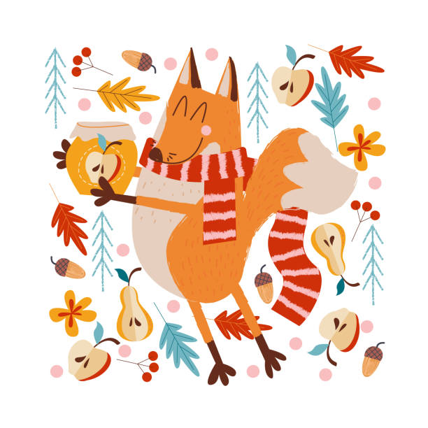 Autumn picture. Cute Fox with a jar of apple jam. Hello, autumn. A funny red Fox in a warm striped scarf carries a jar of apple jam in the forest. Vector illustration. cartoon-of-pear-trees stock illustrations