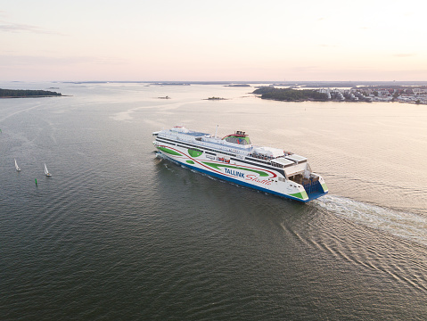 Ferry of Estonian shipping company Tallink approaching the port in Helsinki, Finland