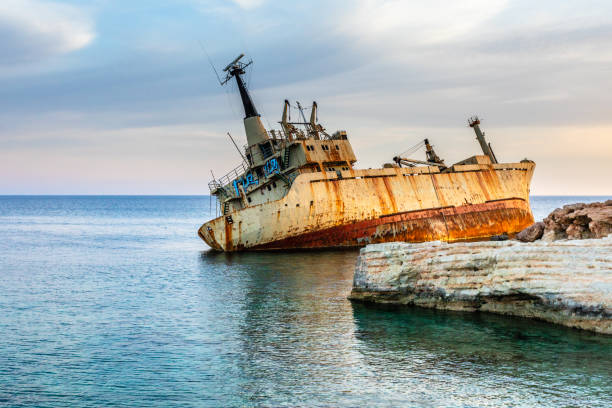 istock Abandoned rusty ship stranded ashore nearby Peyia village, Paphos, Cyprus 1264803198