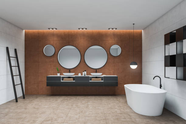 istock White and brown bathroom interior, sink and tub 1264804171