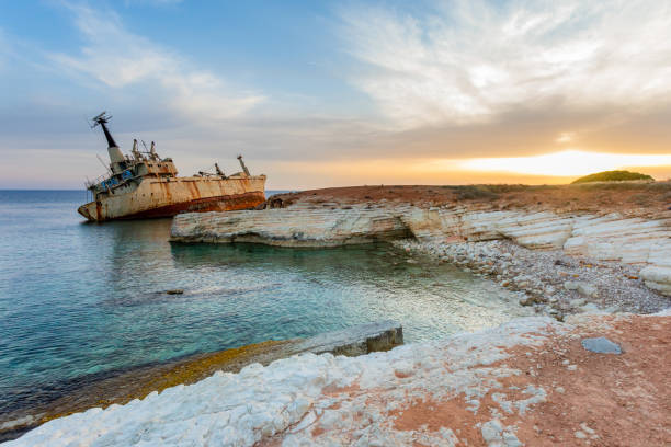 istock Abandoned rusty ship stranded ashore nearby Peyia village, Paphos, Cyprus 1264804705
