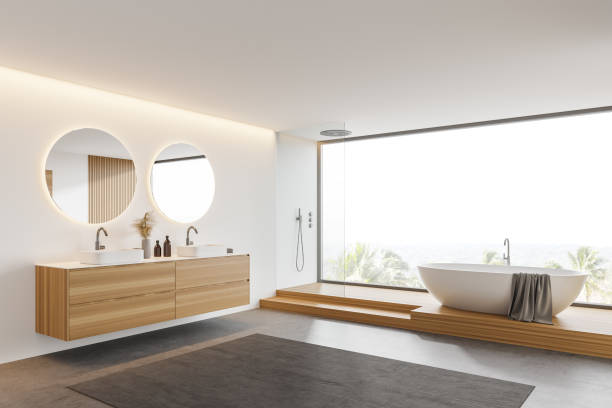 istock White and wood bathroom corner, tub and sink 1264805740