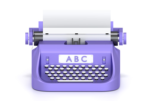 3d render typewriter with paper for writing books. Isolated on white concept classic technology for writer and work equipment.