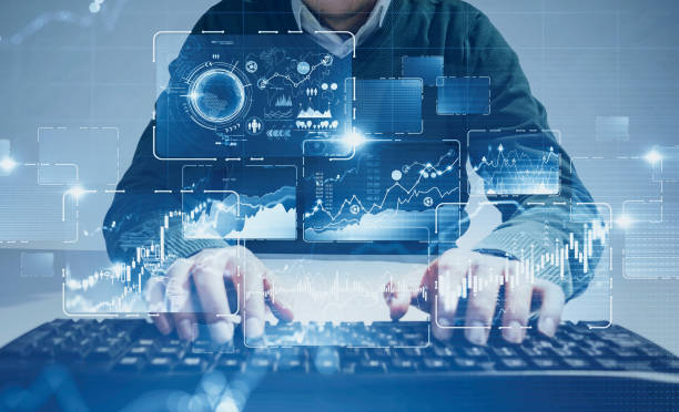 istock Hands typing on keyboard, HUD infographics 1264808142