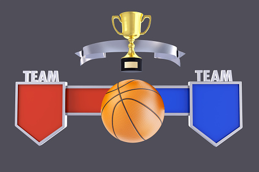 Basketball match, Team or Tournament name badge , mock-up scoreboard and gold cup trophy for winner, Background and graphic template for sports presentation score or game results, 3D rendering