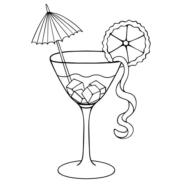 マティーニ。スケッチ。アイスキューブで爽やかなカクテル。ベクターの図。孤立した白い背景のアウトライン。落書きスタイル。傘、ライムスライス、オレンジピールで飾られています。� - drink umbrella cocktail glass isolated点のイラスト素材／クリップアート素材／マンガ素材／アイコン素材