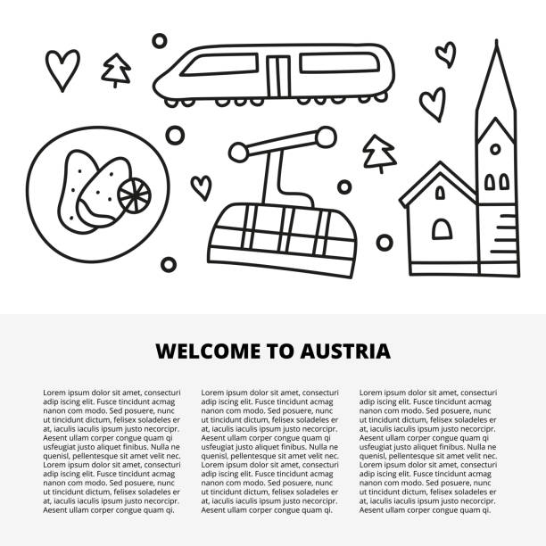 bildbanksillustrationer, clip art samt tecknat material och ikoner med artikelmall med doodle disposition österrike ikoner. - travel by train