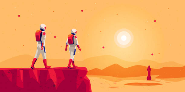 Astronauts walking on mars surface with space starship rocket Astronauts explorers walking on mars surface ground mountain landscape with space starship rocket vehicle on launchpad. Future red planet colonisation exploration mission. Starman building colony. mars stock illustrations