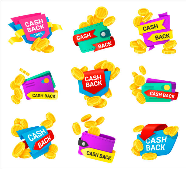 ilustrações de stock, clip art, desenhos animados e ícones de cash back icons set with wallet, coins, bank card, arrows. money refund label. emblem, sticker. - wallet buying white dollar