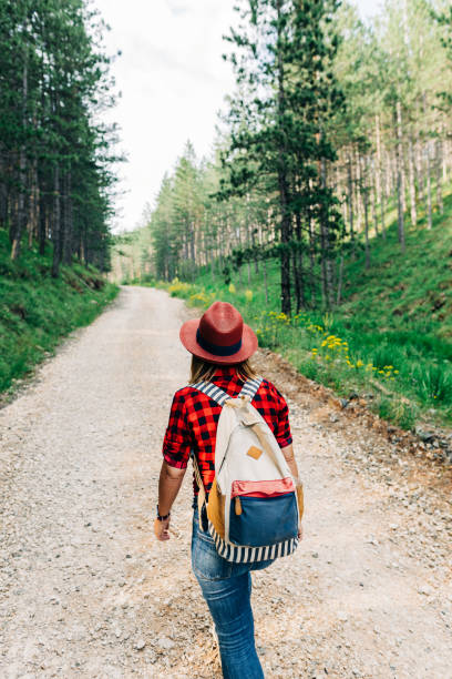 istock Young female nature explorer walking on mountain dirt road 1264819918
