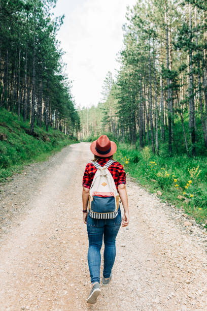 istock Young female nature explorer walking on mountain dirt road 1264819920