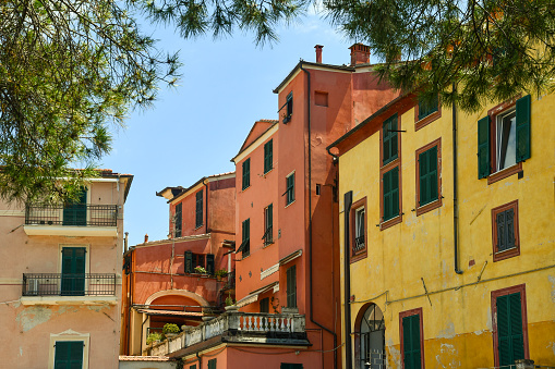 View of the historic centre of the old fishing village with  colorful houses, Lerici, La Spezia, Liguria, Italy