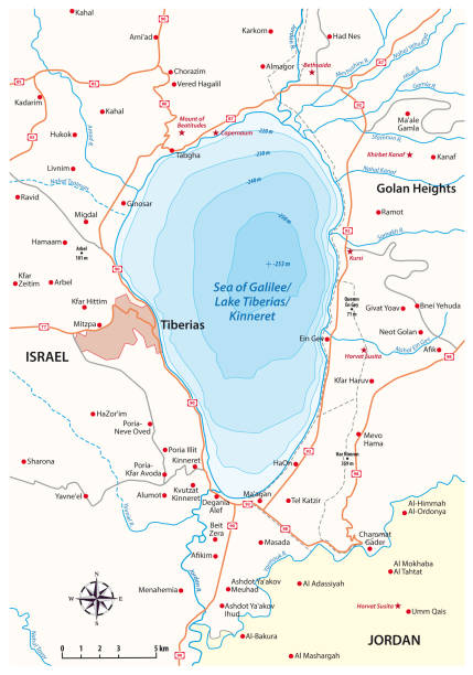 ilustraciones, imágenes clip art, dibujos animados e iconos de stock de mapa vectorial del mar israelí de galilea - israel ilustraciones