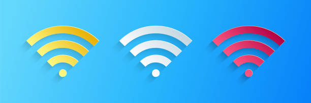 파란색 배경에서 격리된 wi-fi 무선 인터넷 네트워크 기호 아이콘을 종이 잘라냅니다. 종이 아트 스타일. 벡터 - 무선 기술 stock illustrations