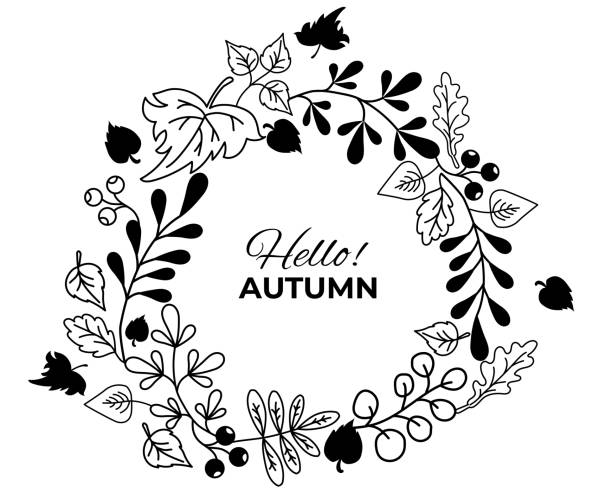 Vector Autumn wreath with falling leaves, berries. Round frame from hand drawn botanical elements. Contour and silhouette. Isolated on a white with the words Hello Autumn. For design and decoration Vector Autumn wreath with falling leaves, berries. Round frame from hand drawn botanical elements. Contour and silhouette. Isolated on a white background with the words Hello Autumn. Vector silhouette of a fall leaves black and white stock illustrations
