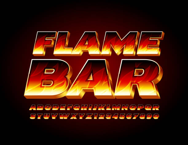 Vector bright logo Flame Bar with fire texture Alphabet Letters and Numbers 3D Burning Font appliance fire stock illustrations