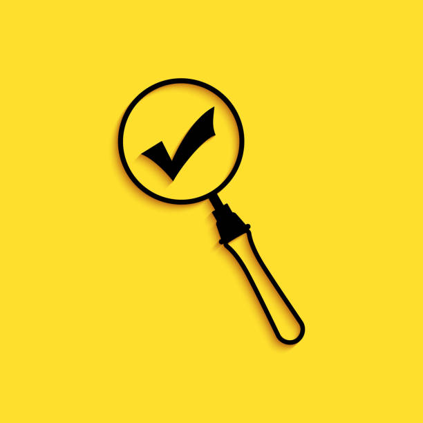 istock Black Magnifying glass and check mark icon isolated on yellow background. Magnifying glass and approved, confirm, done, tick, completed symbol. Long shadow style. Vector 1264828665