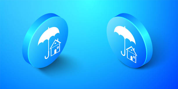 dom izometryczny z ikoną parasola izolowany na niebieskim tle. symbol ubezpieczenia nieruchomości. ochrona, bezpieczeństwo, bezpieczeństwo, ochrona, koncepcja obrony. niebieski przycisk koła. wektor - insurance rain insurance agent umbrella stock illustrations