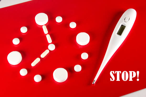 istock Clock made of white tablets and thermometer with inscription STOP on red background, top view. 2019 Novel Coronavirus 2019-nCoV concept. 1264830072
