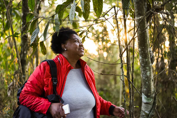 istock Senior backpacker woman exploring nature park 1264830353