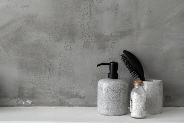 istock Beauty objects against grey copy space wall in bathroom 1264831253