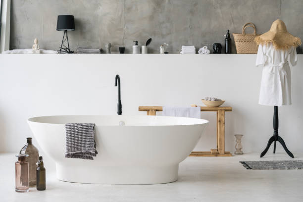 istock White modern bath in contemporary apartment with stylish interior 1264831275