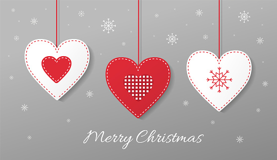 Merry Christmas greeting card with cute embroidered hearts and snowflakes. Christmas tree decorations in red and white color. - Vector illustration