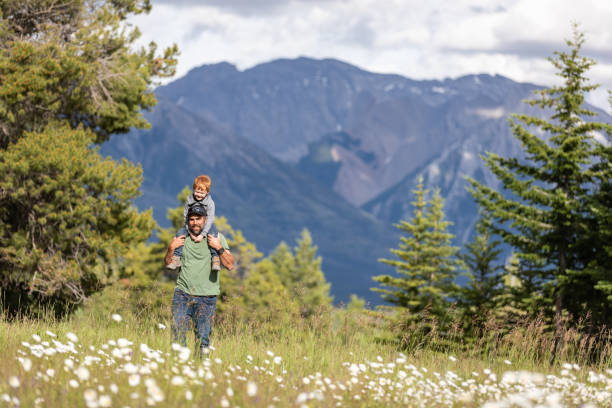 istock Father carrying his Son on Shoulders in Mountains 1264835137