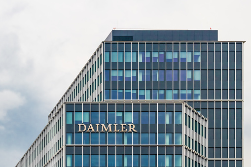 Stuttgart, Germany - August 2, 2020: Headquarters of Daimler AG, corporate office building at Mercedes-Benz Untertürkheim Plant.