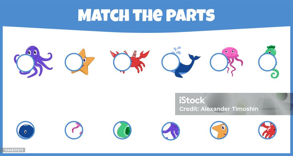 match-parts-of-sea-creatures-worksheet-for-education-stock-illustration