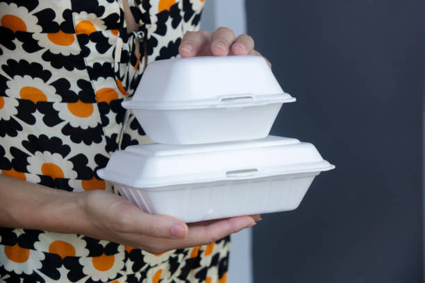 istock Woman's hands holding takeaway foam lunch boxes. Single use food containers, close up. 1264837706
