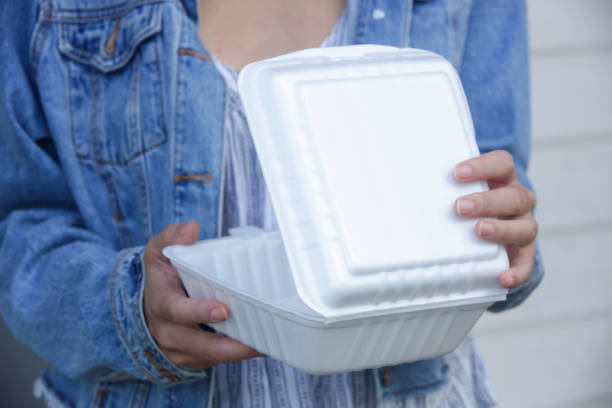 istock Woman's hands holding takeaway foam lunch boxes. Single use food containers, close up. 1264837772
