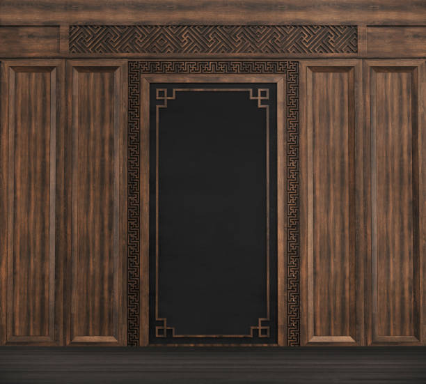 istock Empty interior background, room with brown wood paneling wall and hardwood flooring. 1264844424