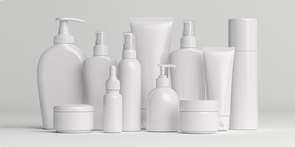 White cosmetic products on white background. Blank white bottles, containers and tubes. Mock up. 3d illustration