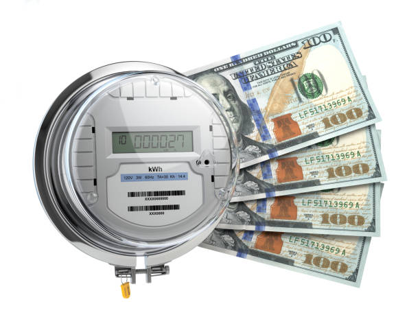 electric meter with dollars. electricity consumption, cost of utilities and saving concept. - meter electric meter electricity fuel and power generation imagens e fotografias de stock