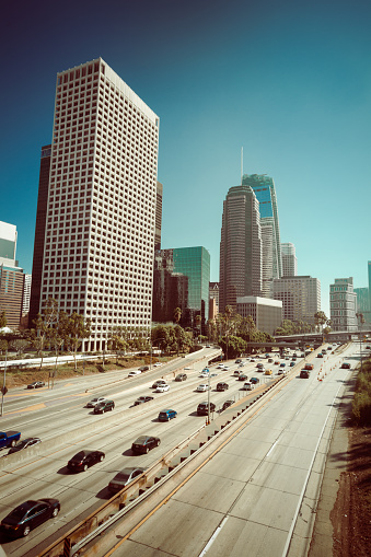 Los Angeles downtown skyscrapper and highway vintage retro toned