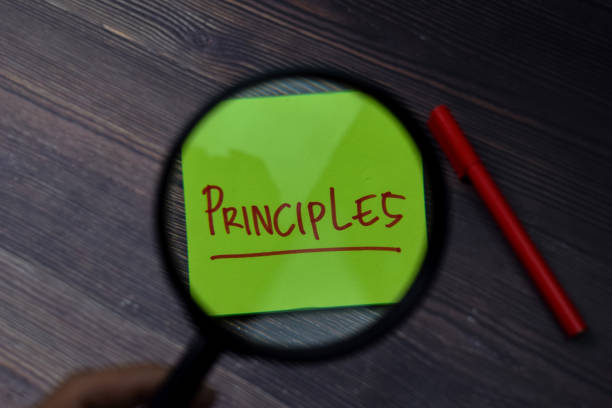 istock Principles write on sticky note with magnifying glass isolated on wooden table. 1264845773