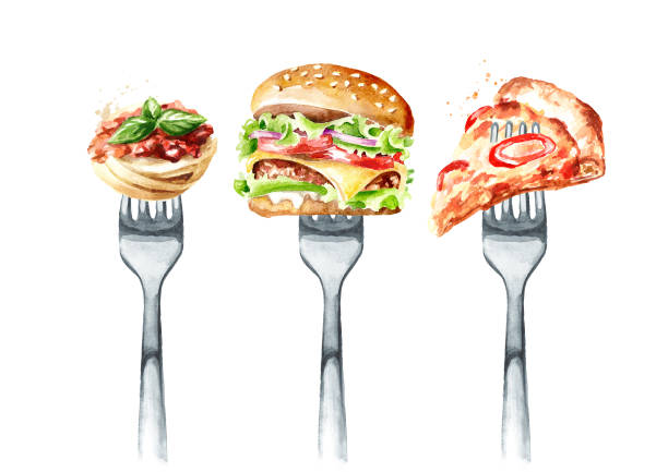 illustrazioni stock, clip art, cartoni animati e icone di tendenza di pasta al bolognese, hamburger, pizza su forchetta. concetto di dieta e alimentazione sana. illustrazione ad acquerello disegnata a mano isolata su sfondo bianco - ragù