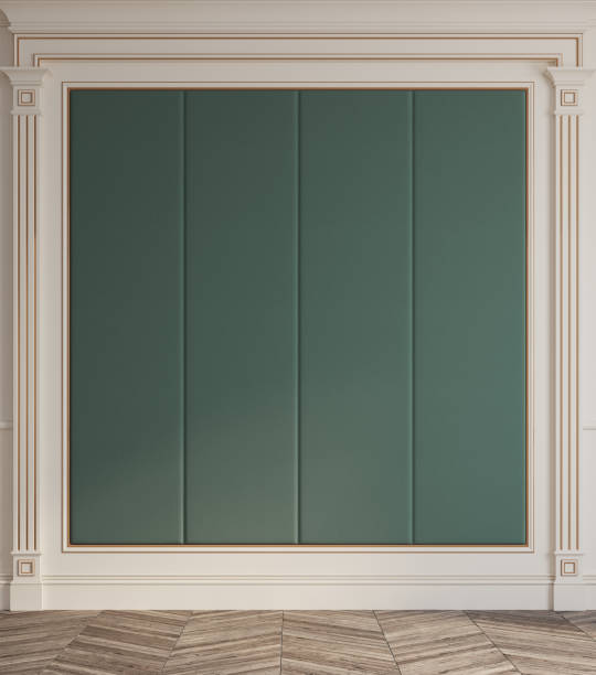 istock Bright empty white and green colored wall with big windows. Wall  frame decoration. 1264845931