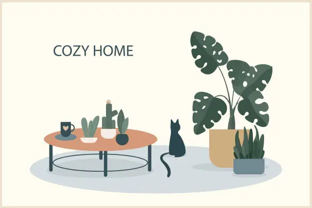 Vector illustration of Cozy home theme handmade illustration.Simple room interior for use in design for home  decorative prints, flower shop decor, wallpaper, bag or t-shirt print, art workshop  etc.