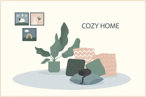 Vector illustration of Cozy home theme handmade illustration.Simple room interior for use in design for home  decorative prints, flower shop decor, wallpaper, bag or t-shirt print, art workshop  etc.