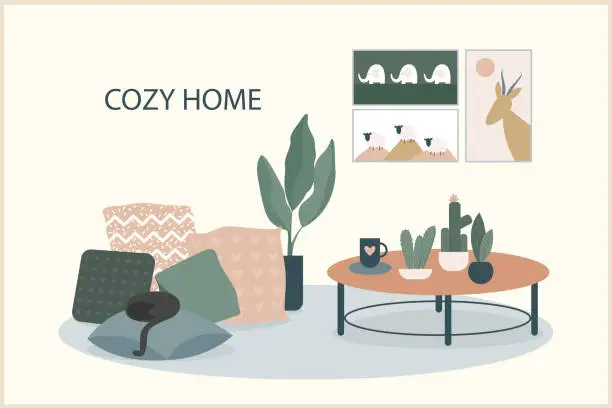 Vector illustration of Cozy home theme handmade illustration.Simple room interior for use in design for home  decorative prints, flower shop decor, wallpaper, bag or t-shirt print, art workshop  etc.