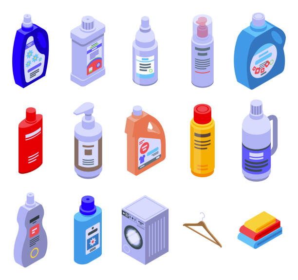 Softener icons set, isometric style Softener icons set. Isometric set of softener vector icons for web design isolated on white background laundry detergent stock illustrations